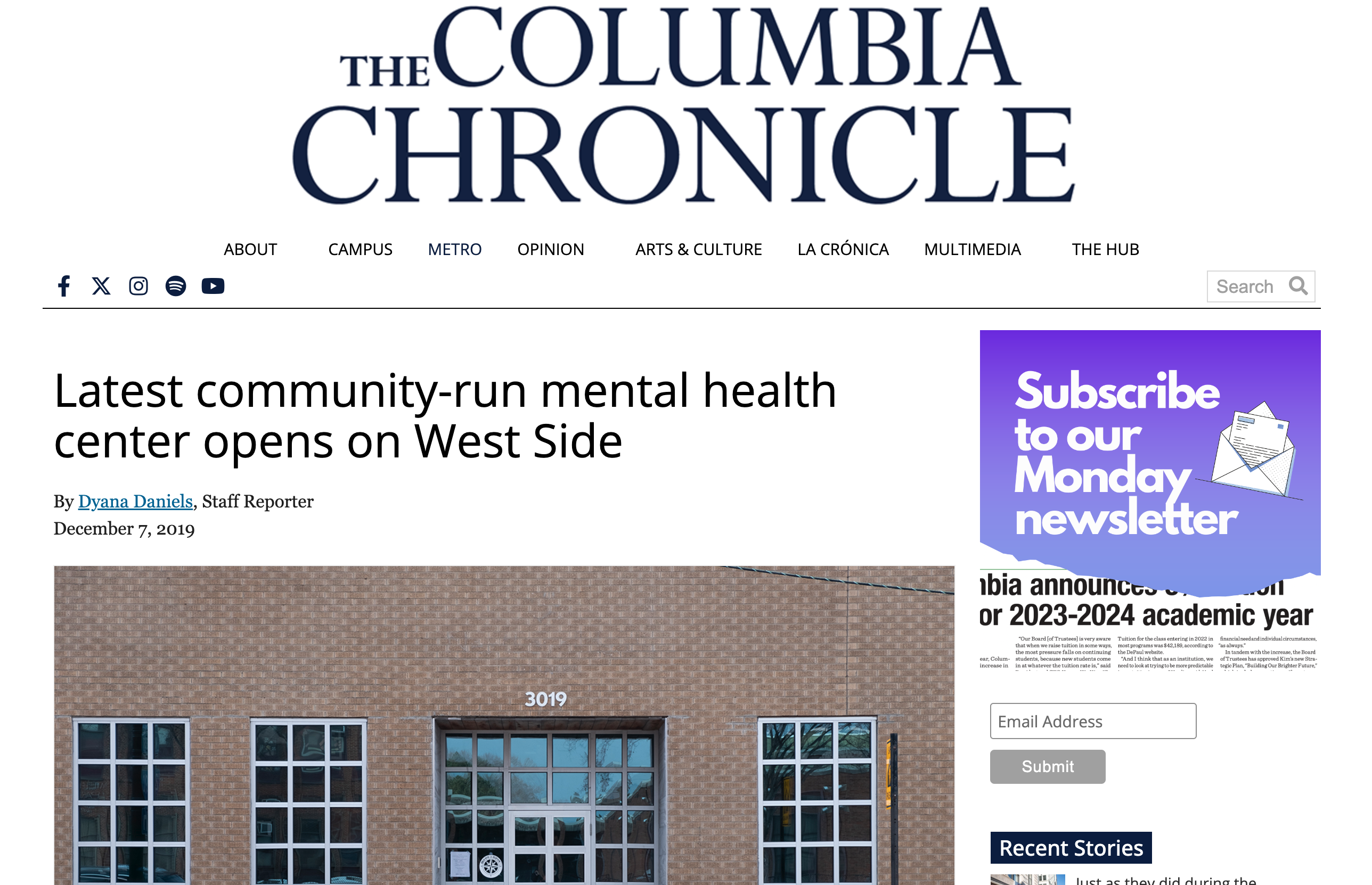 The Columbia Chronicle article screenshot
